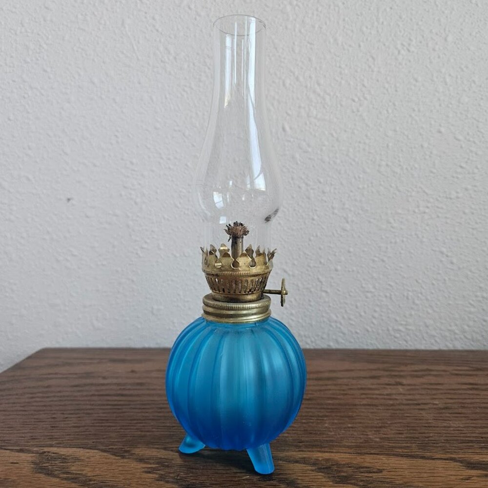 Vintage Miniature Blue Satin Oil Lamp